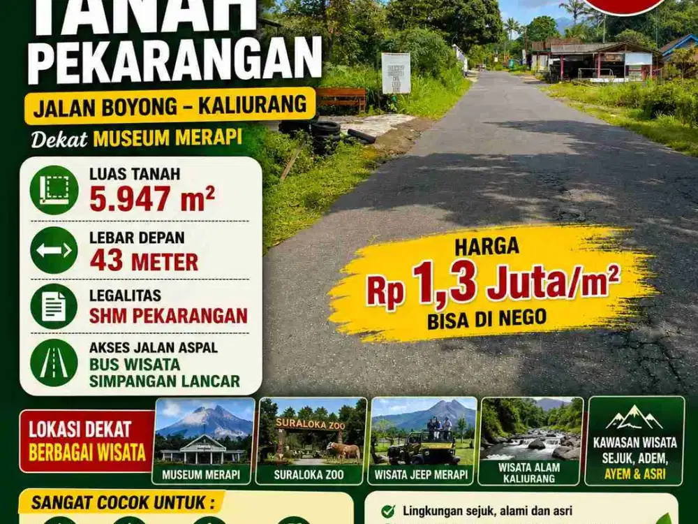 Tanah Pekarangan 5.947 m² Jalan Boyong Kaliurang, Dekat Museum Merapi & Suraloka Zoo