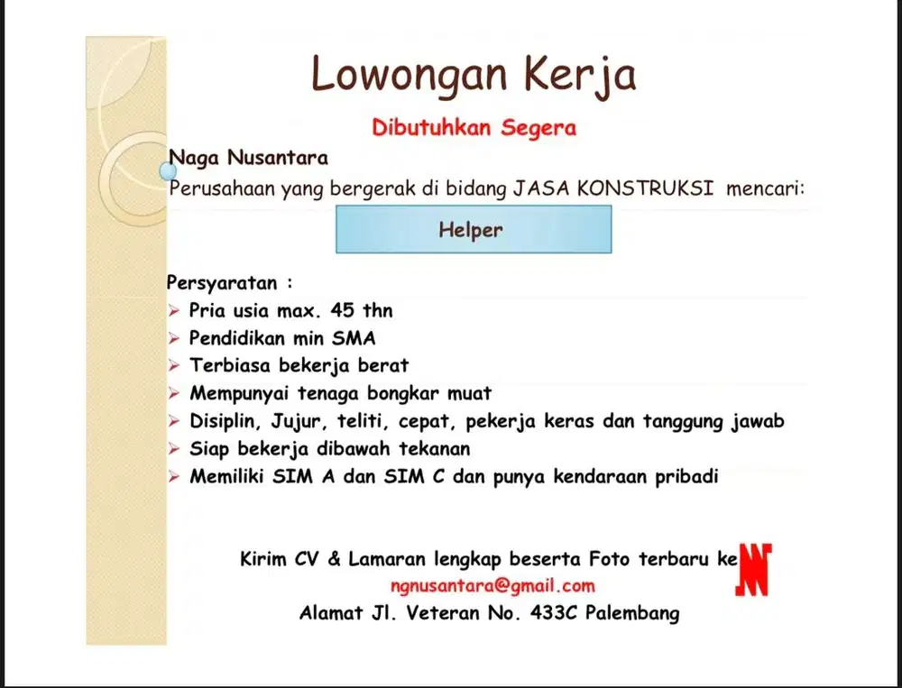 Dibutuhkan Helper barang