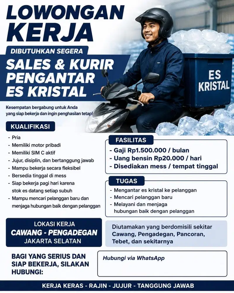 Sales & Kurir Es Kristal ,Disediakan Mess, Memiliki Motor Pribadi