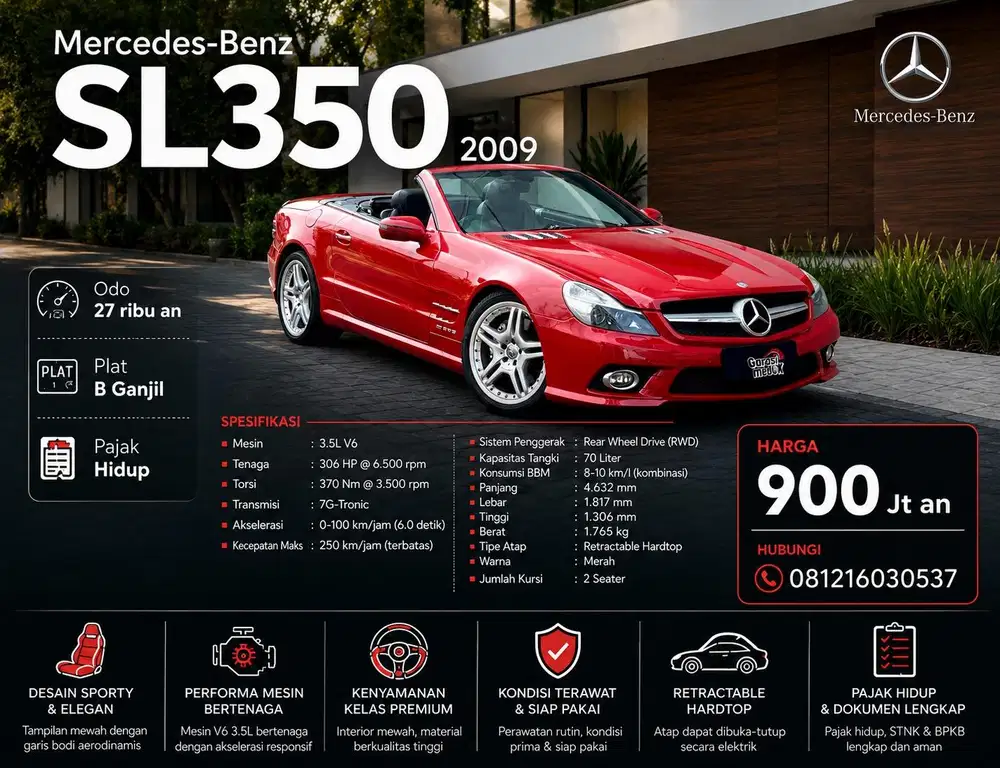 Mercedes Benz Mercy SL350 SL 350 2009 Antik Low KM Murah Bekas Ganjil