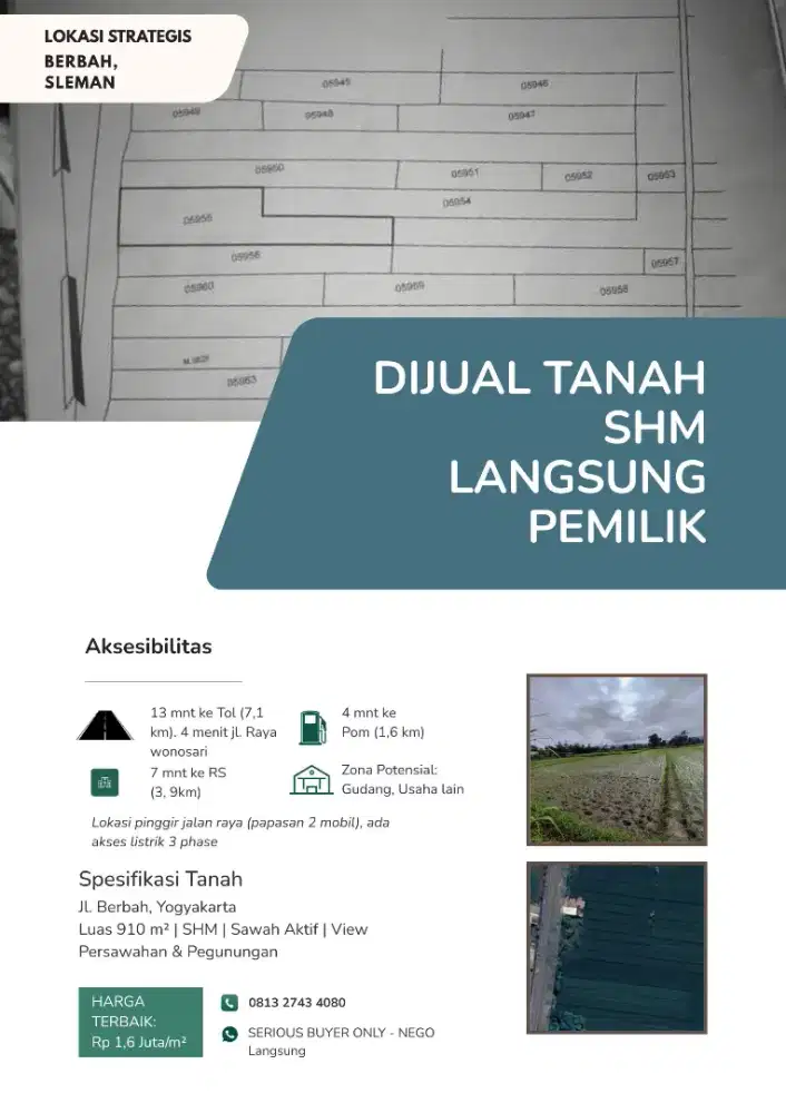 DIJUAL TANAH SHM LANGSUNG PEMILIK 910m² BERBAH SLEMAN