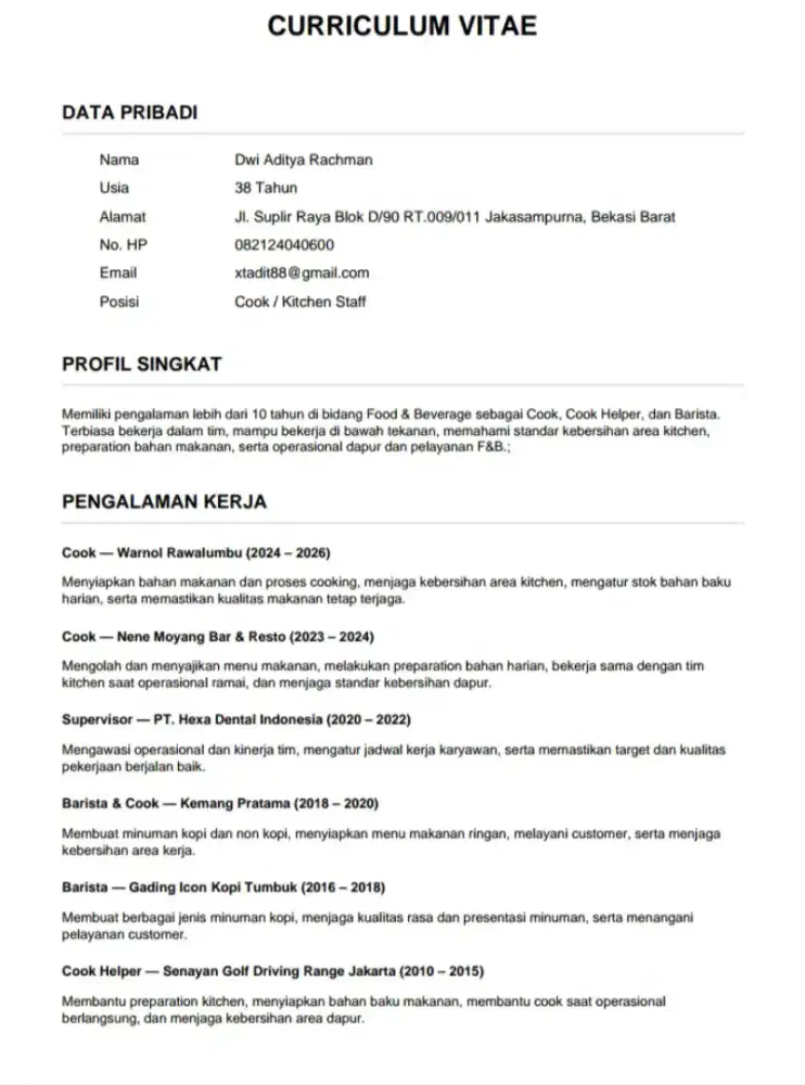 Cari lowongan Cook / Barista