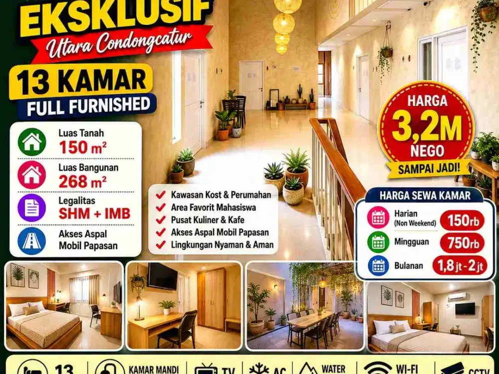 Kost Eksklusif 13 Kamar Full Furnished Condongcatur, SHM IMB, Siap Income