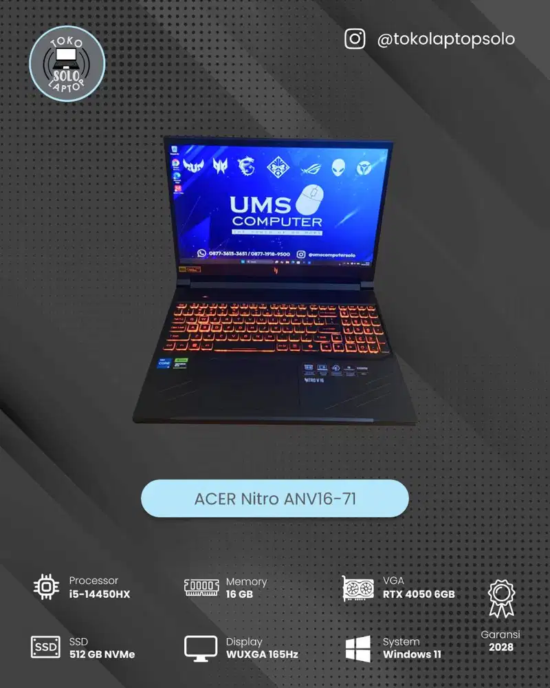 ACER NITRO ANV16-71 CORE I5 14450HX Ram 16GB SSD 512GB RTX 4050