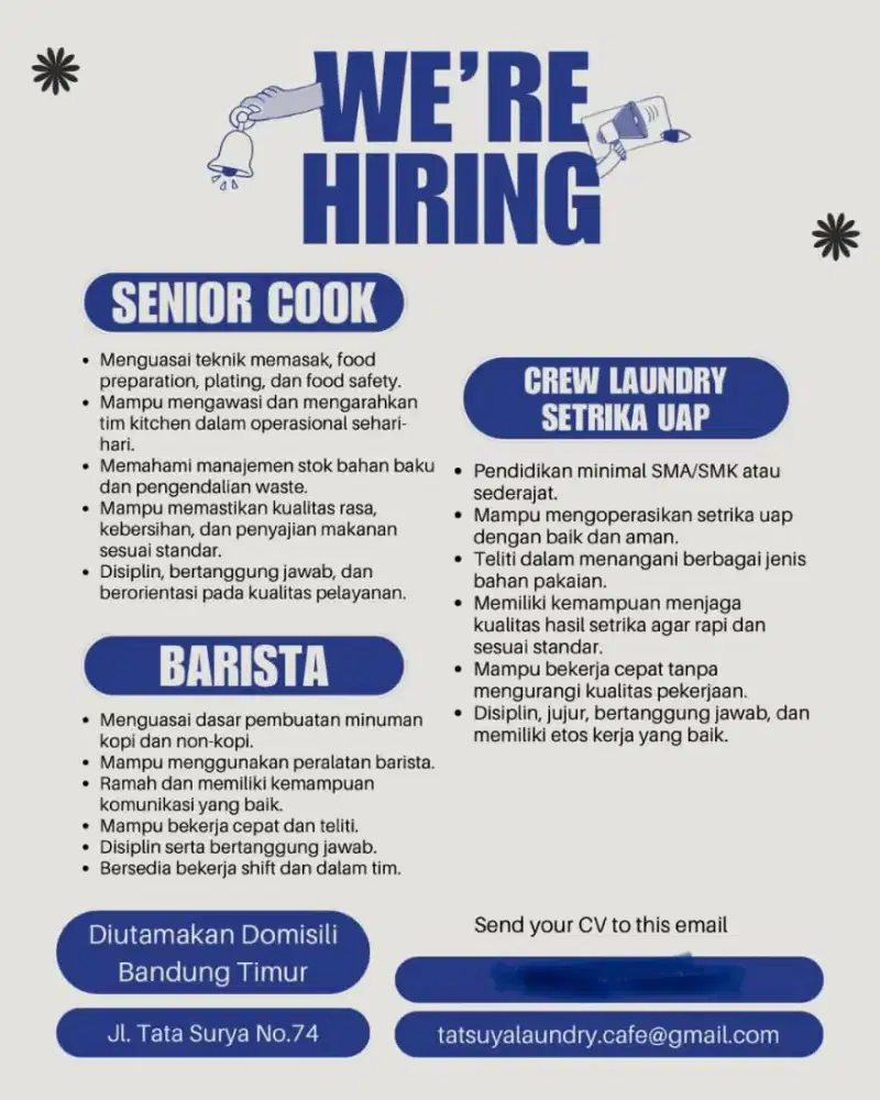 LOWONGAN KERJA TATSUYA LAUNDRY & CAFE