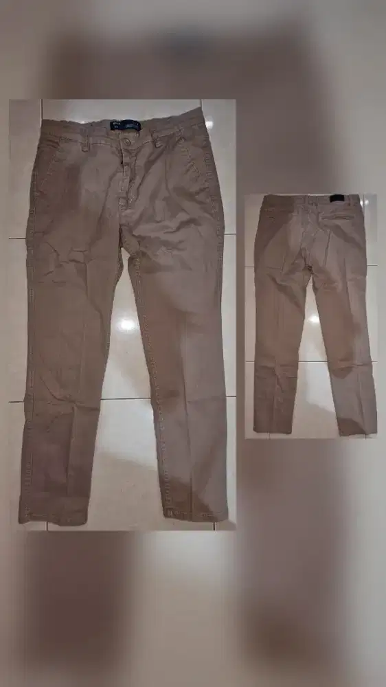 2 Pcs Celana Panjang Pria - Chino Khaki & Jogger Dark Grey (Preloved)