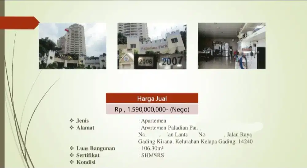 Dijual 2 in 1 Apartemen Paladian Park Lantai Genap