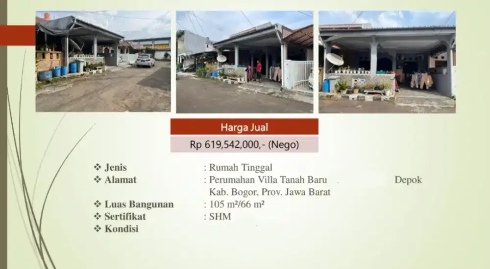 Dijual Rumah 1 Lantai Perumahan Villa Tanah Baru Depok