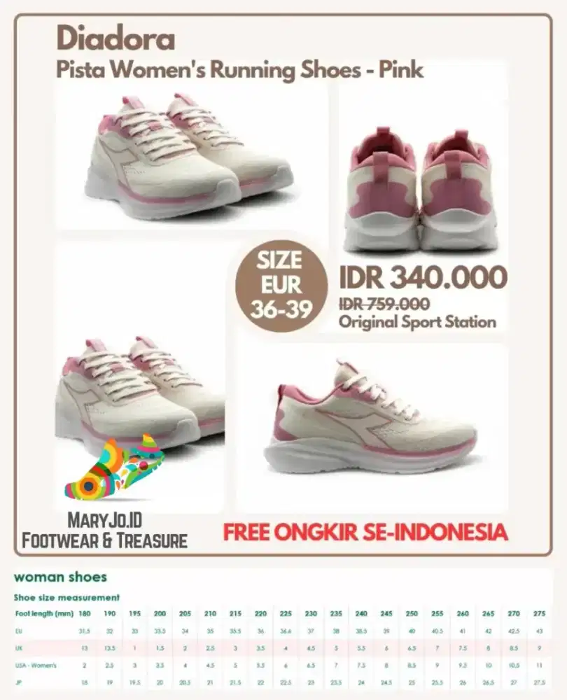 Diadora Pista Women's Running Shoes - Pink : Size 37, 38, 39