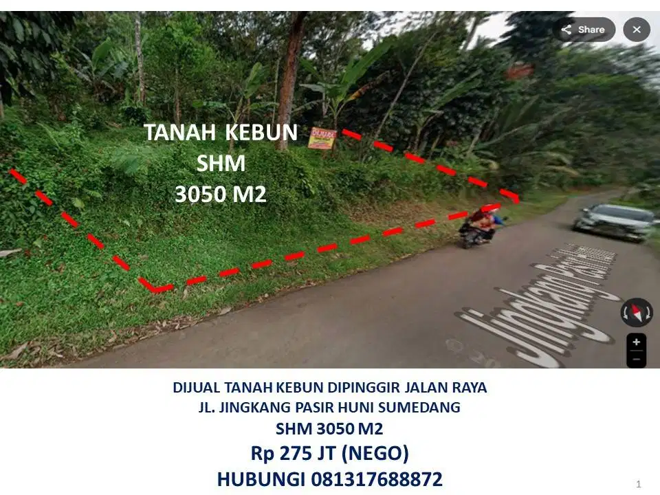 DIJUAL CEPAT TANAH KEBUN DIPINGGIR JALAN RAYA, LUAS TANAH 3050M2 SHM