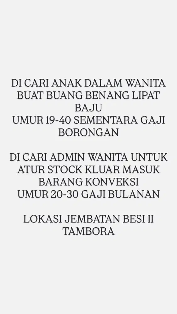 DI CARI FINISHING WANITA & ADMIN WANITA