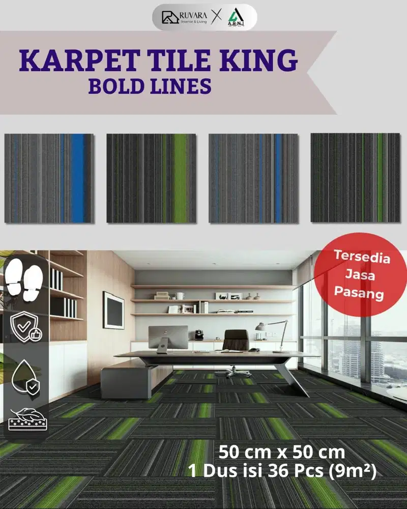 Karpet Tile KING BOLD LINES 50x50 cm | Coverage 9m2 | Karpet Kantor