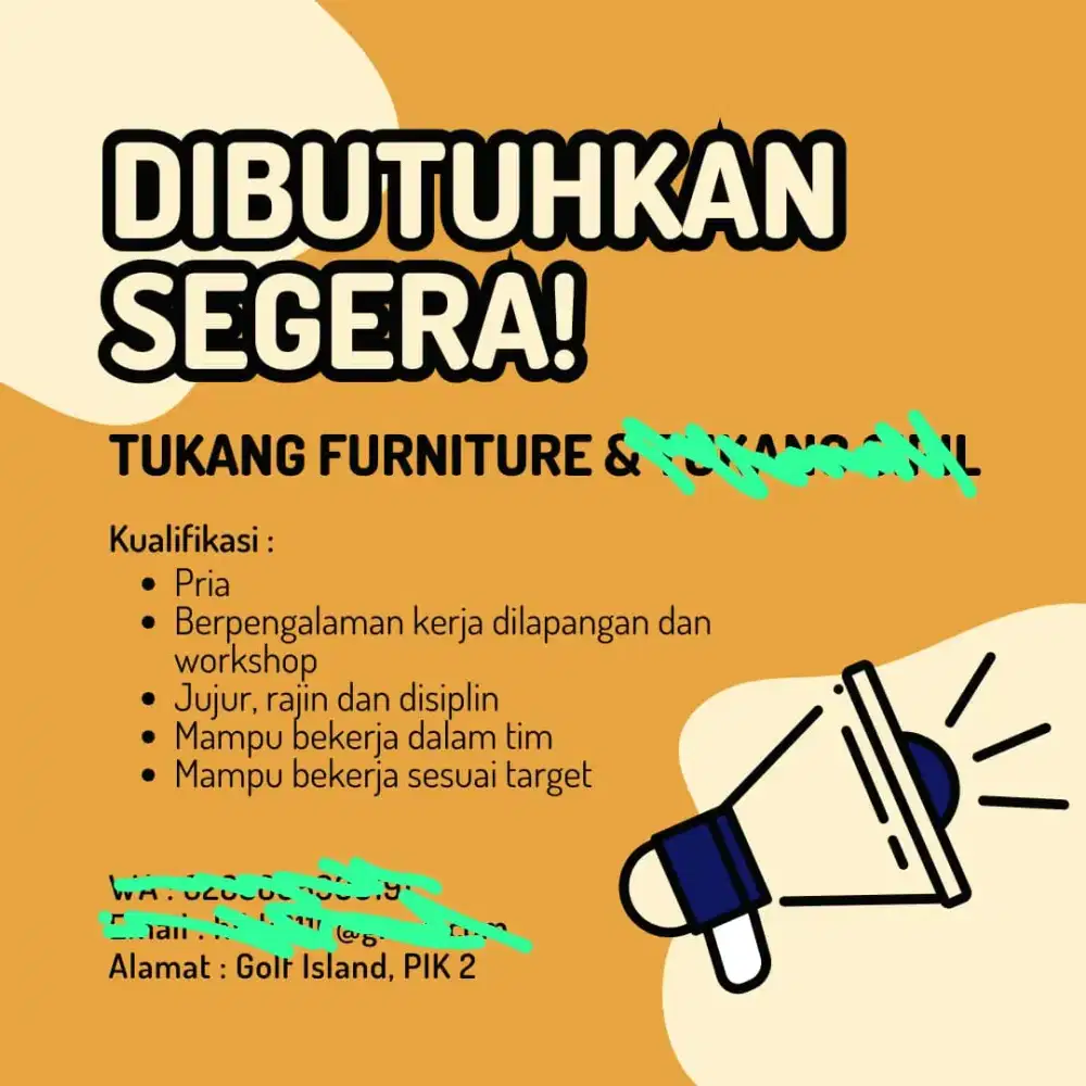 DIBUTUHKAN SEGERA TUKANG FURNITURE