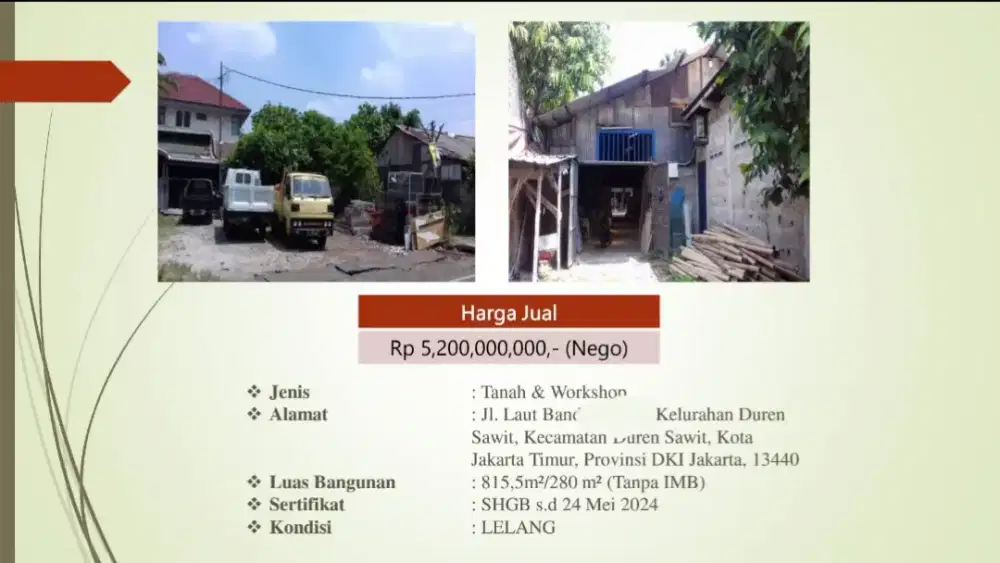 Dijual Workshop Jalan Laut Banda Duren Sawit