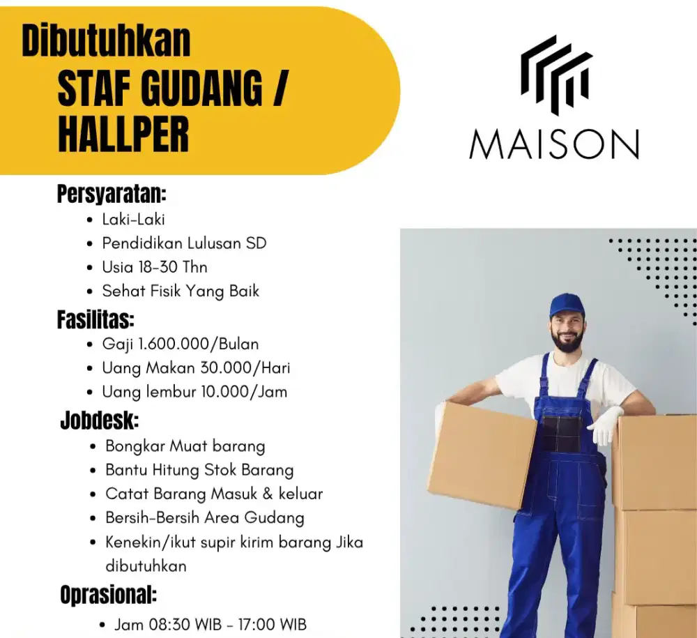 Lowongan kerja Bagian staf Gudang/Hallper