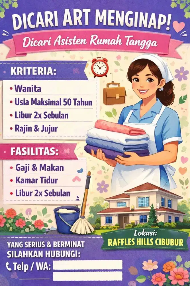 Dibutuhkan ART Menginap urgent!!