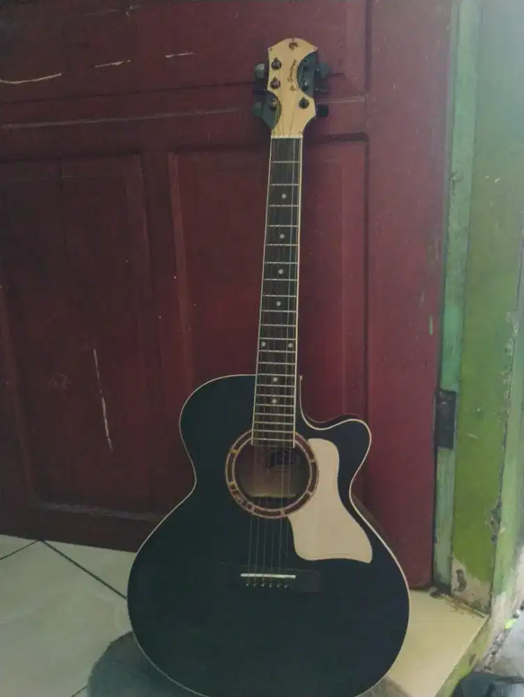 Gitar Acoustic Electric JR Sanjaya 7/8 Hitam Tanam Besi Original Murah