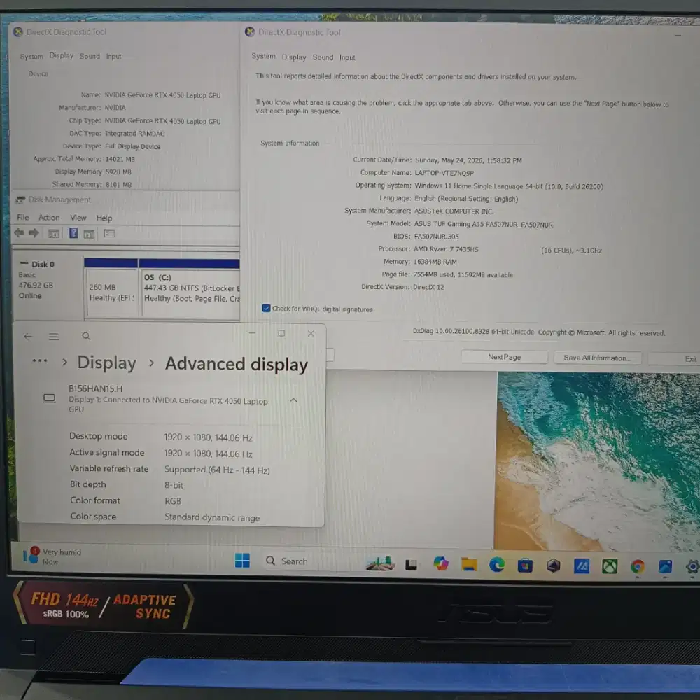 ASUS TUF A15 FA507NUR AMD RYZEN 7 7435HS RTX 4050 6GB RAM 16GB SSD 512