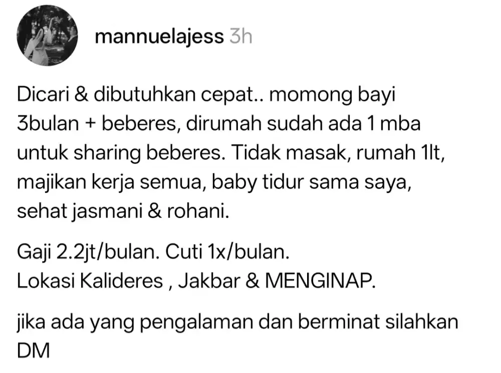 Dicari ART Momong Bayi + Beberes