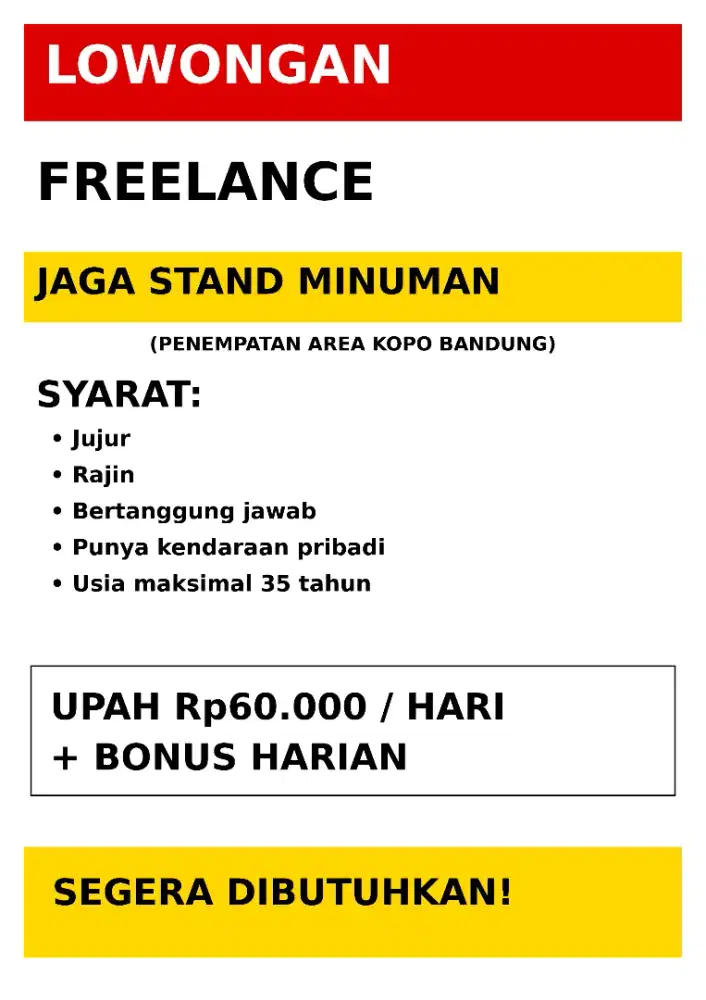 Lowongan kerja freelance jaga/tetap jaga stand minuman