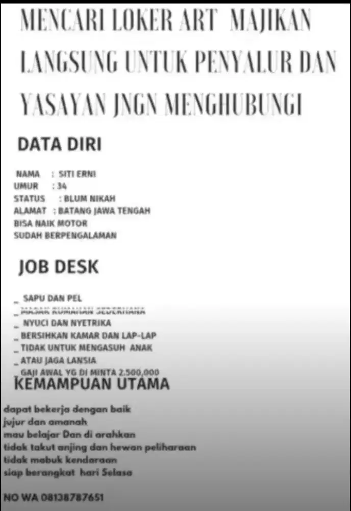 di Cari loker ART untuk 2orang 1 rumah majikan langsung