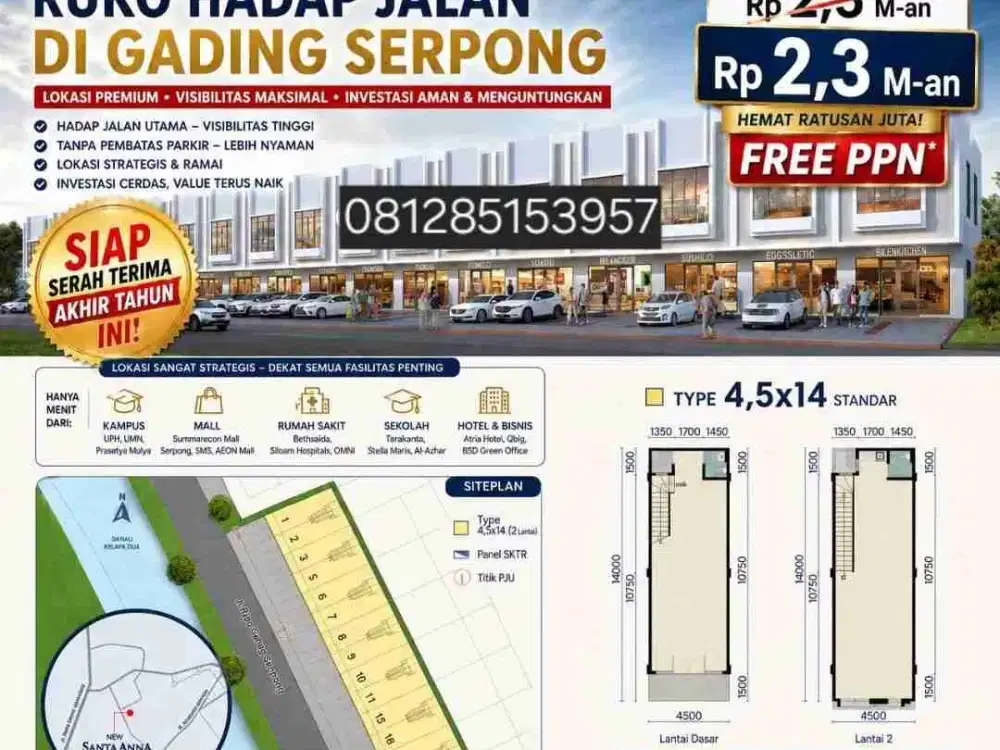 RUKO SANTA ANNA GADING SERPONG HADAP JALAN TERMURAH HANYA 2,2MILYARAN