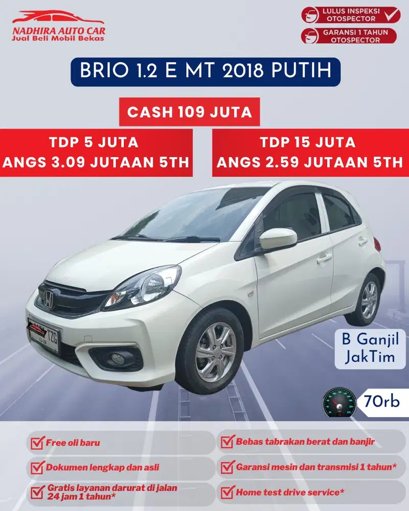 Dijual Mobil Bekas Brio 1.2 E MT 2018 Putih