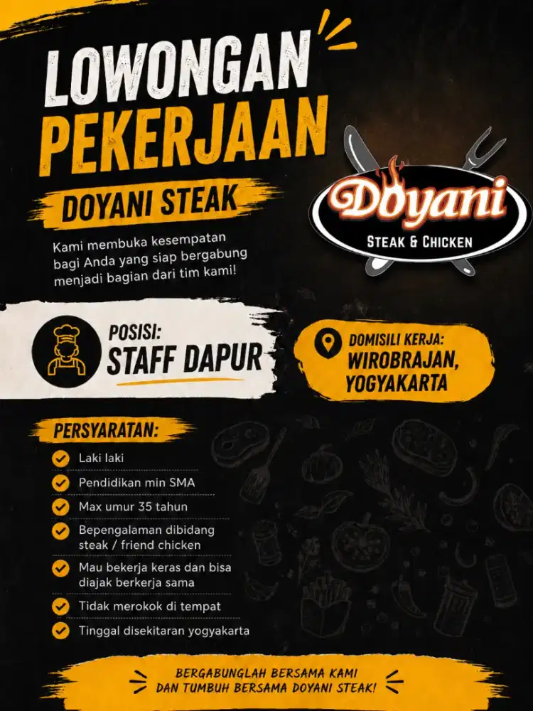 Lowongan Kerja Staff Dapur Doyani Steak Wirobrajan Yogyakarta
