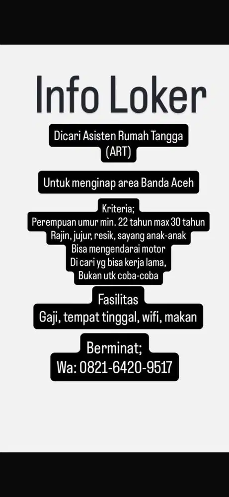 Loker ART(asisten rumah tangga) perempuan