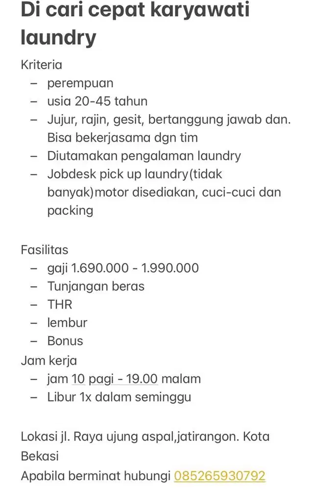 Lowongan laundry khusus perempuan
