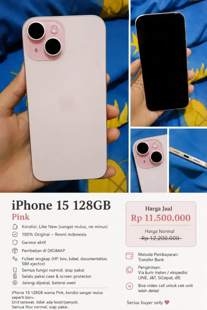 iPhone 15 128 GB PINK Free Charger & Soft Case