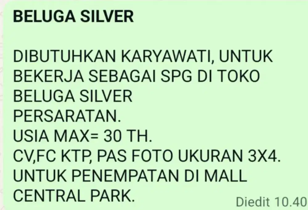 LOWONGAN KERJA DI BELUGA SILVER