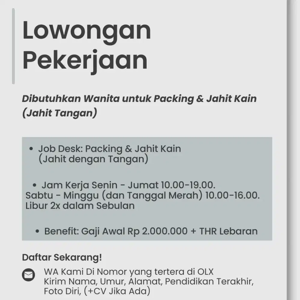 Lowongan Kerja Wanita Packing dan Jahit Loker Poris