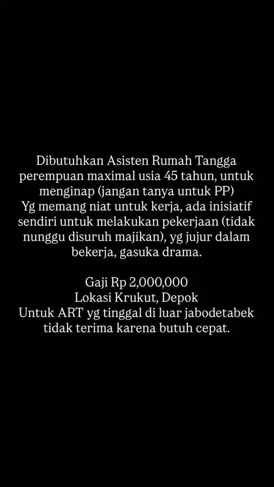 Dibutuhkan Asisten Rumah Tangga Perempuan