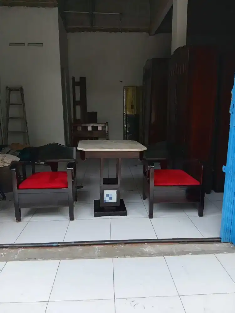 Kursi jati meja jati marmer set teras antik