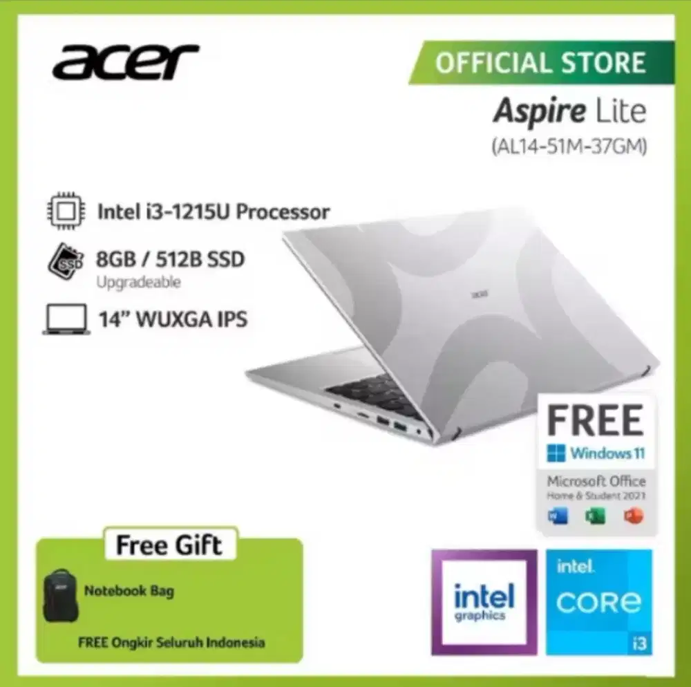 Acer Aspire Lite 14 i3-1215U | RAM 8GB DDR5 | SSD 512GB NVMe | 58Wh