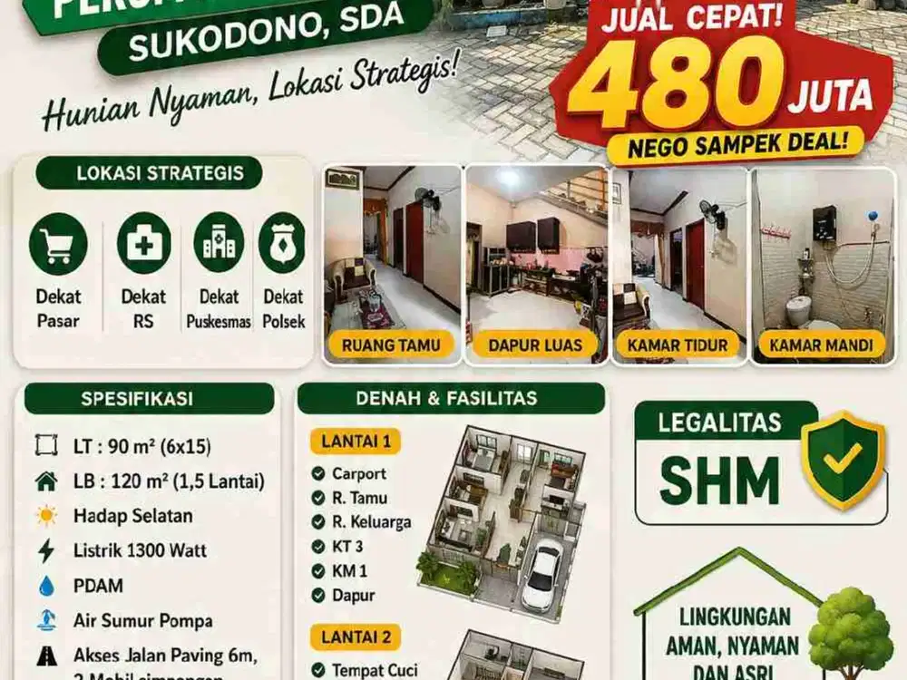 Rumah Murah 1,5 Lantai siap Huni di Perum Kebon Agung 2, Sukodono, Sda