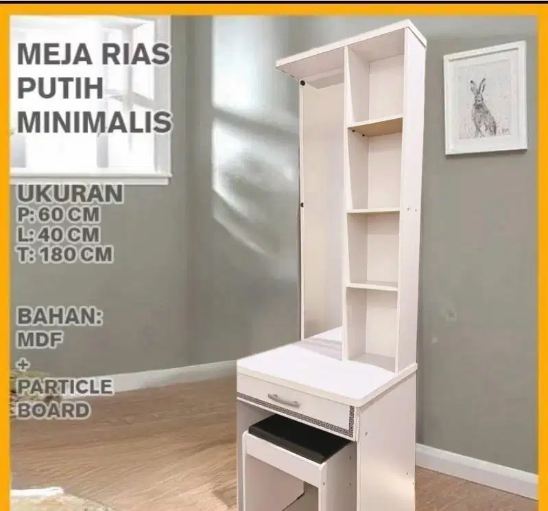 Meja Rias Putih Minimalis Rak Kosmetik Makeup Kaca Cermin Laci