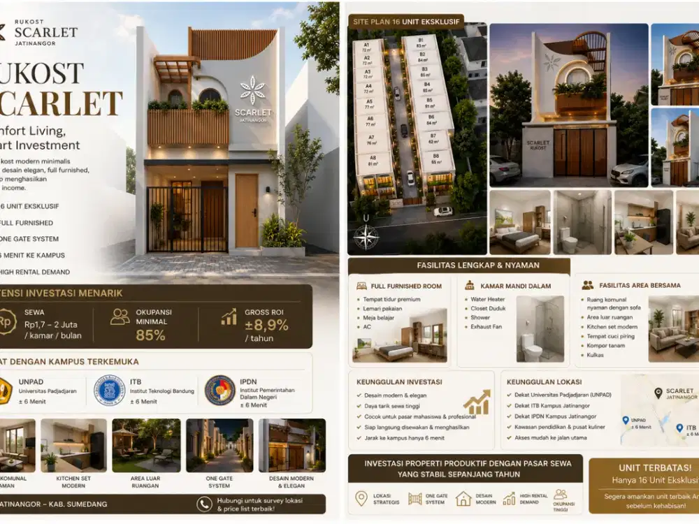 Dijual Kost Elite Jatinangor Dekat Kampus Unpad, Passive Income Bulanan, Full Furnished, SHM, Lokasi 800 Meter dari ITB