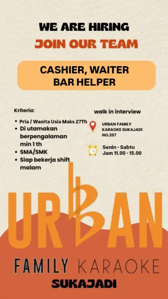 Dicari kasir (perempuan) ,bar, waitress ( laki2 ) yg niat bekerja