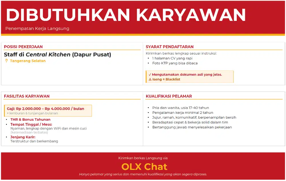 DICARI: Berbagai Staff di Central Kitchen (Dapur Pusat)