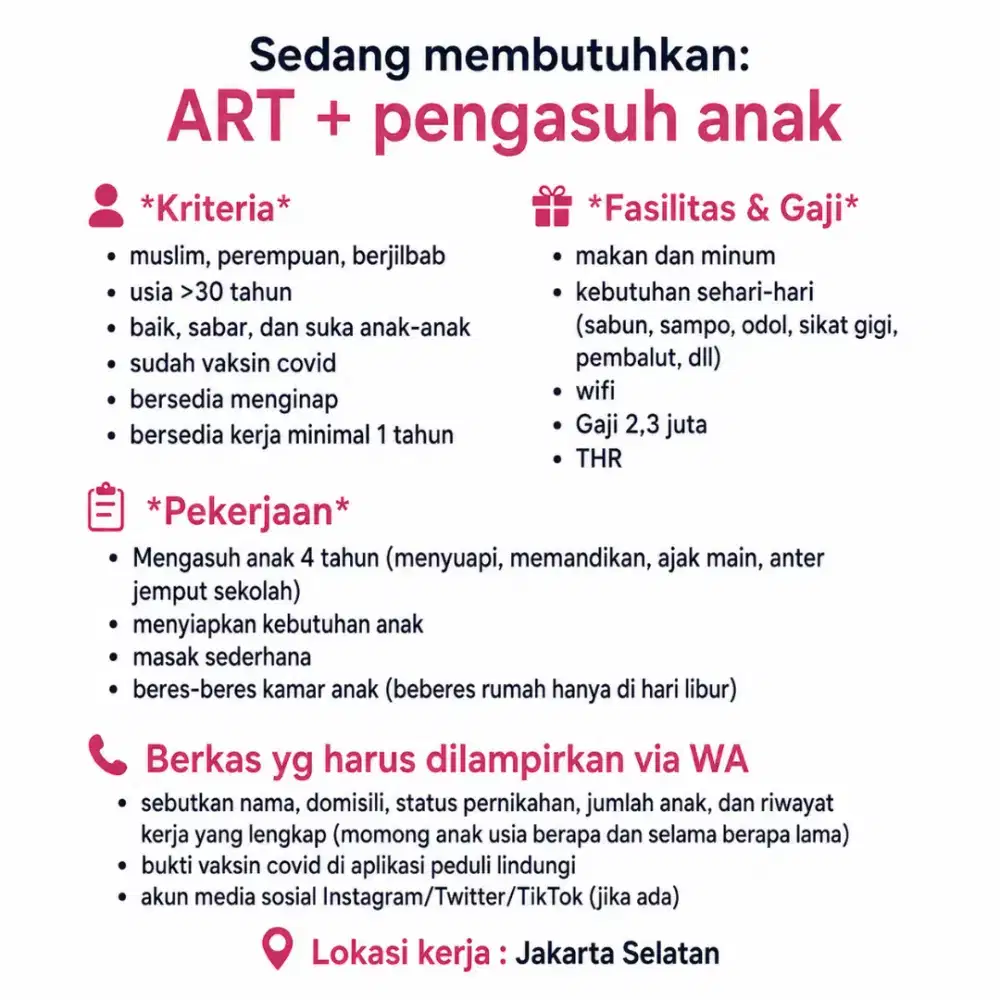Lowongan ART + Pengasuh Anak (Momong)