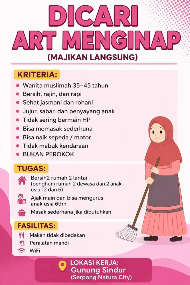 DIBUTUHKAN ART MENGINAP (majikan langsung)