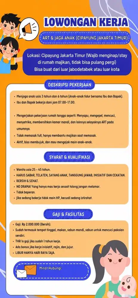 Dicari ART & Jaga Anak Menginap – Cipayung Jakarta Timur