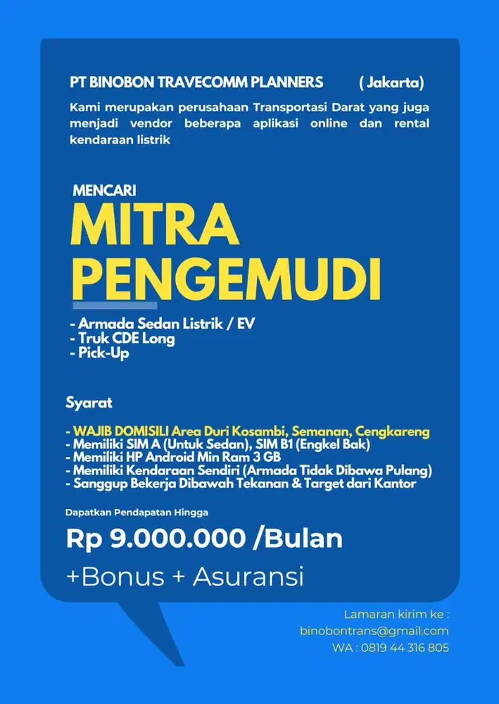 Dicari Mitra Pengemudi / Driver