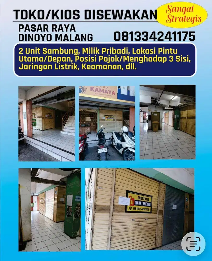 Disewakan Kios Depan Pasar Raya Dinoyo