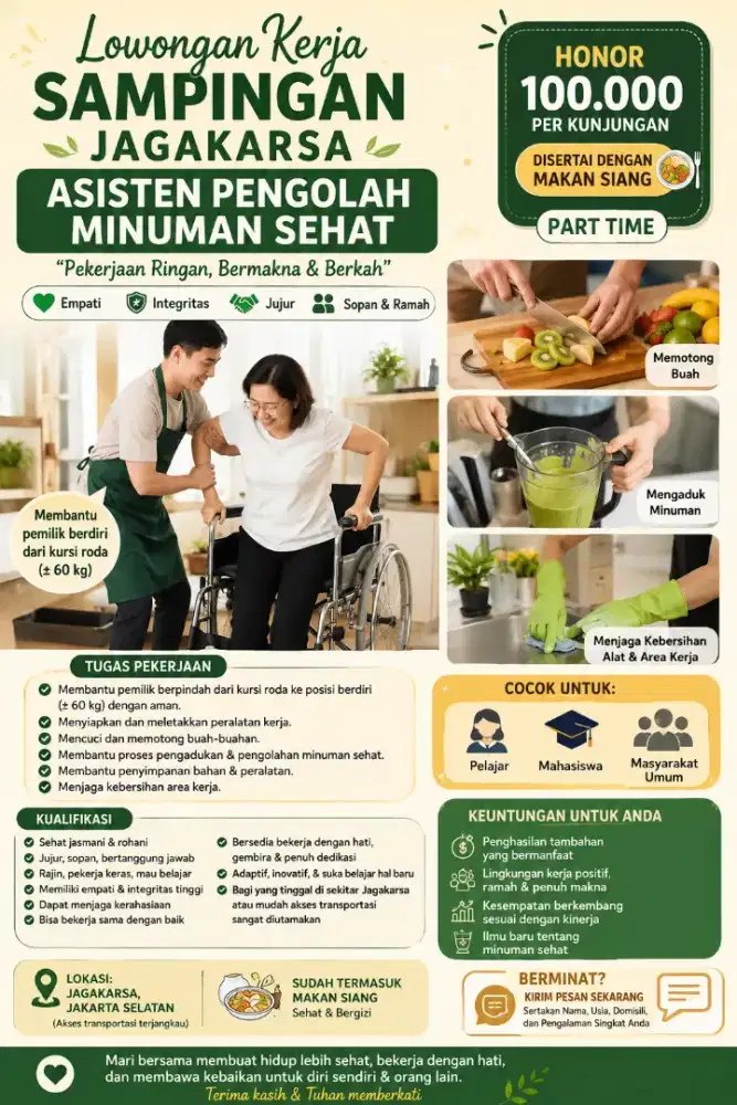 “Lowongan Kerja Sampingan Jagakarsa – Asisten Prngolah Minuman Sehat