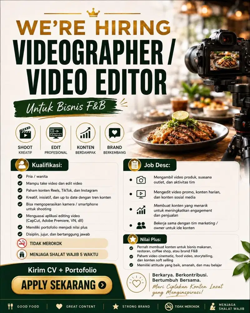 Dicari Videographer / Video Editor utk Bisnis F&B Loker Lowongan kerja