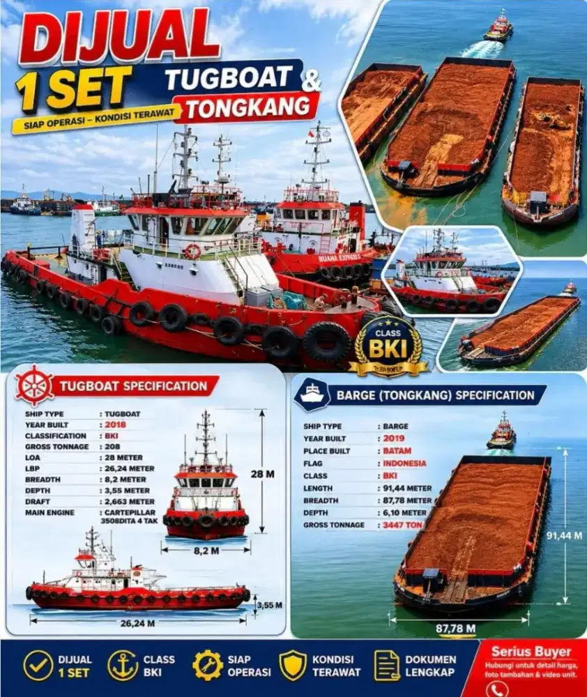 Di jual Tugboat & tongkang 300 feet jumbo tahun 2018 - 2019