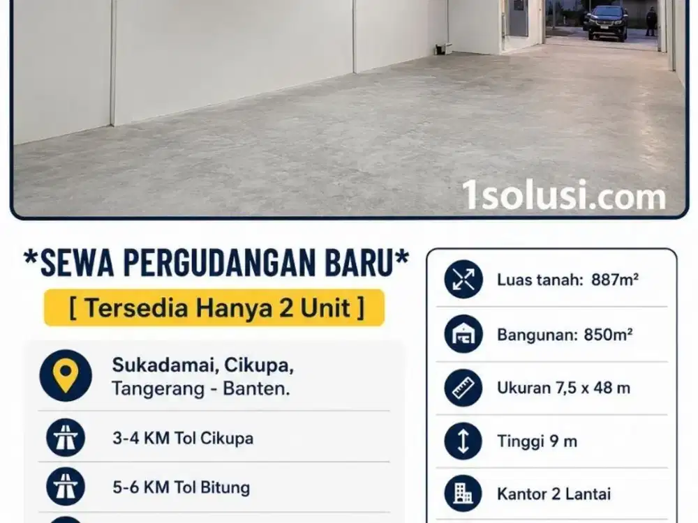 disewakan gudang baru di kawasan industri cikupa 850m2